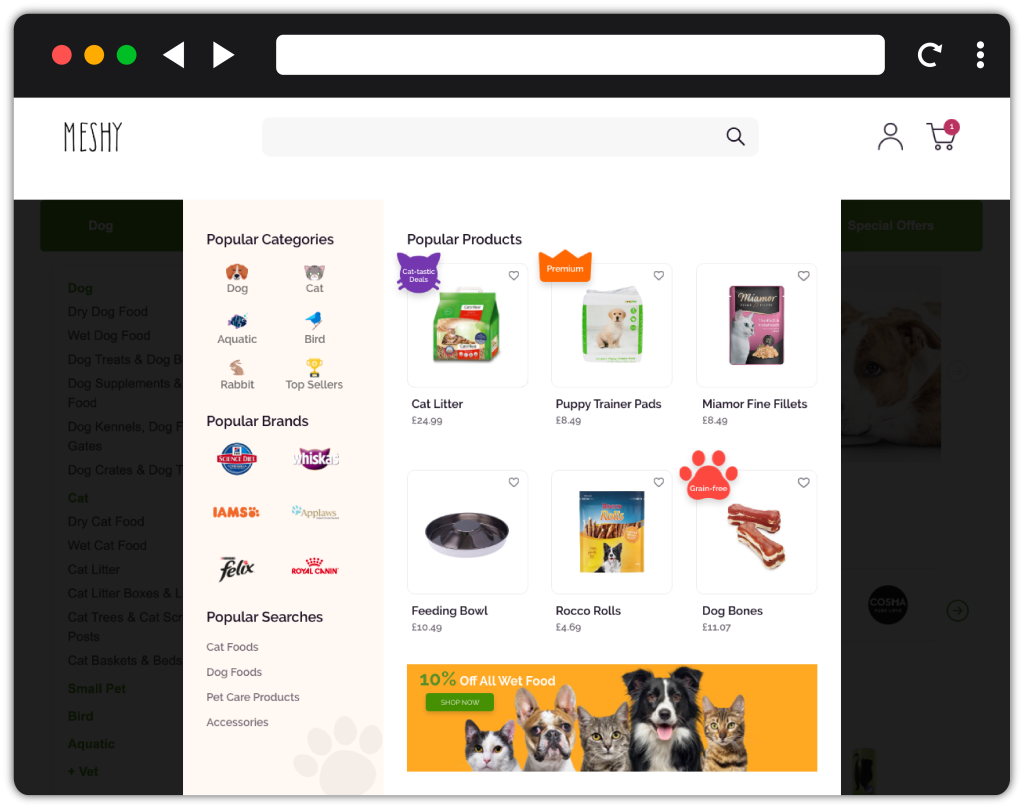 The internal search box for an online pet shop is divided into two parts. The left part is narrower and lists popular categories, brands, and searches. The right side lists the popular products. The products have product badges: Cat-tastic Deals badge is shaped like a cat’s head, Premium badge is shaped like a crown, and Grain-free badge is shaped like a paw print.